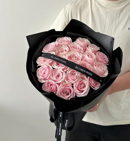 Pink Rose Only Bouquet in black paper wrap with black satin ribbon — Romantic Roses Same Day Delivery Melbourne | Pisces Flower