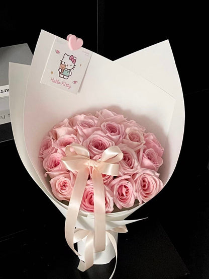 Pink Rose Only Bouquet in white paper wrap with white satin ribbon — Valentine's Day Same Day Delivery Melbourne | Pisces Flower