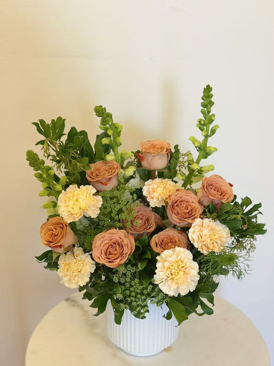 Cappuccino Rose Flower Vase with toffee roses, cream carnations, green snapdragons, lace flower and fresh foliage | Pisces Flower Melbourne